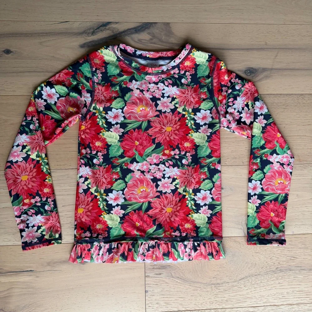 RuffleButts Girls Floral Long Sleeve Rash Guard Swim Shirt Red Pink Navy Size 10